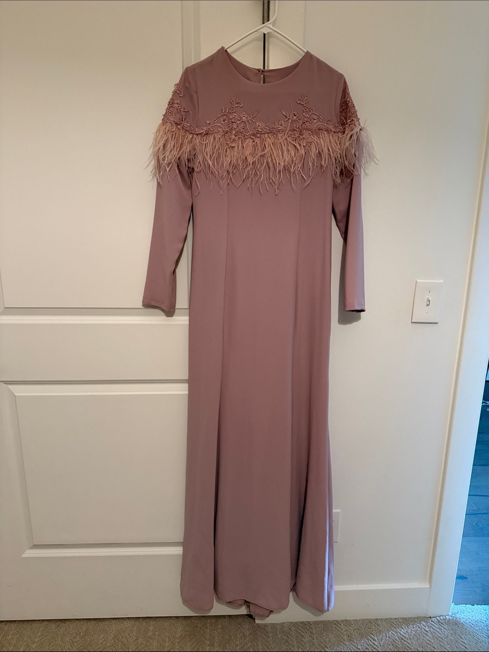 Long Sleeve Feather Trim Maxi Dress in Dusty Rose